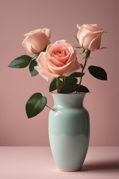 Um vaso de belas rosas cor-de-rosa