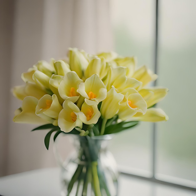 um vaso de flores amarelas com as palavras " tulipas " citadas na parte inferior