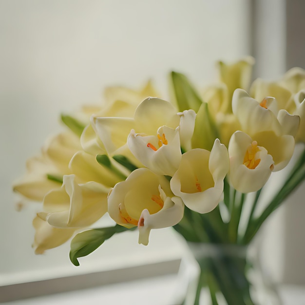 um vaso de flores amarelas e brancas com fundo branco