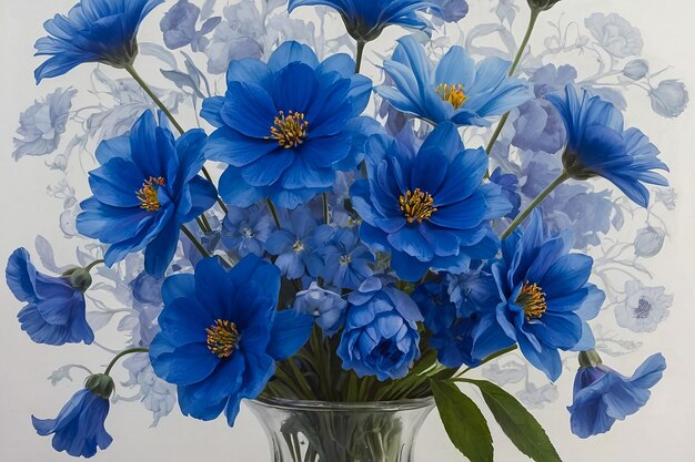 Foto um vaso de flores azul com flores azuis nele