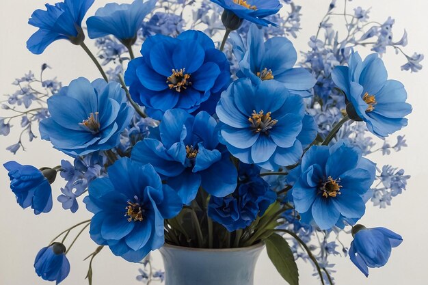 Foto um vaso de flores azul com flores azuis nele