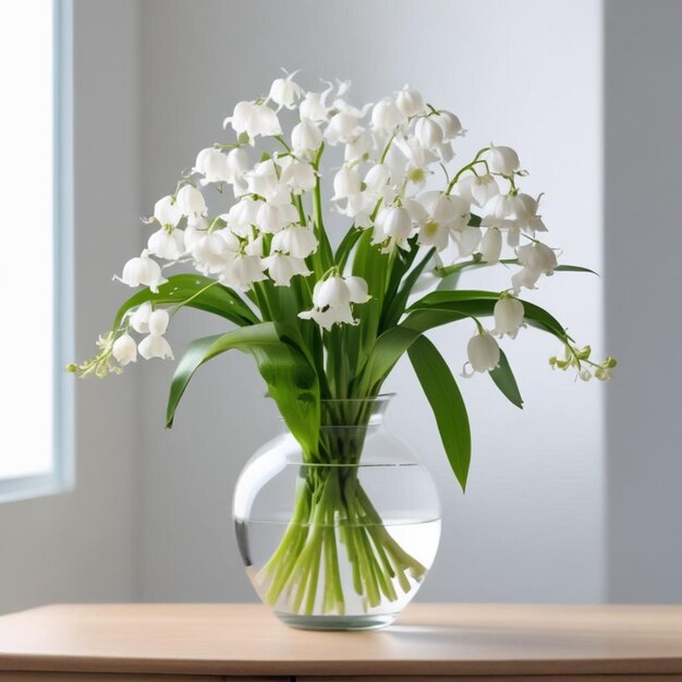 Foto um vaso de flores brancas com folhas verdes no meio