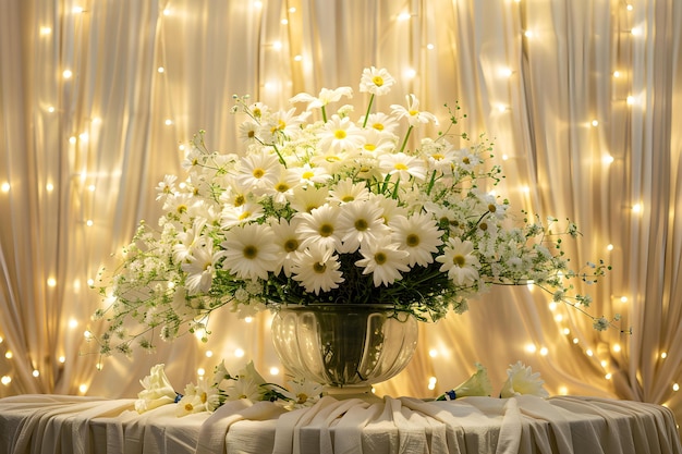 Um vaso de flores brancas elegantes em uma mesa coberta de pano iluminada por luzes douradas com um bouquet vibrante de margaridas no fundo Conceito Glow Golden Floral Elegance Tabletop Beauty