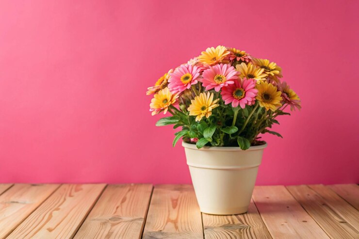 Foto um vaso de flores branco com flores amarelas e cor-de-rosa em uma mesa de madeira