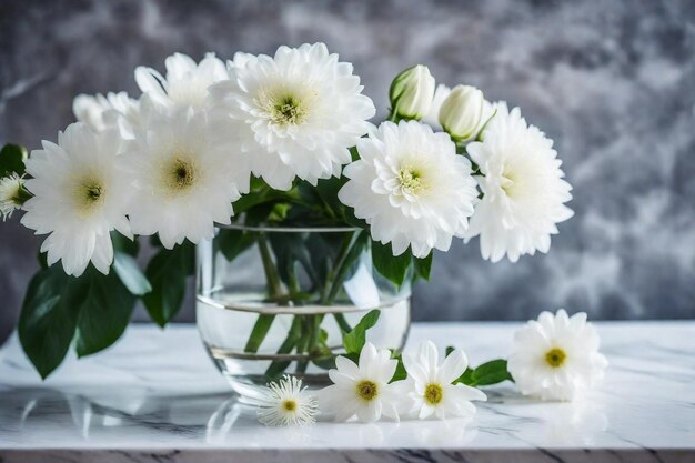 um vaso de flores com água e um vaso de flores em uma mesa