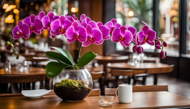 Foto um vaso de flores com flores roxas na frente de uma mesa com um copo branco e um pequeno copo branco