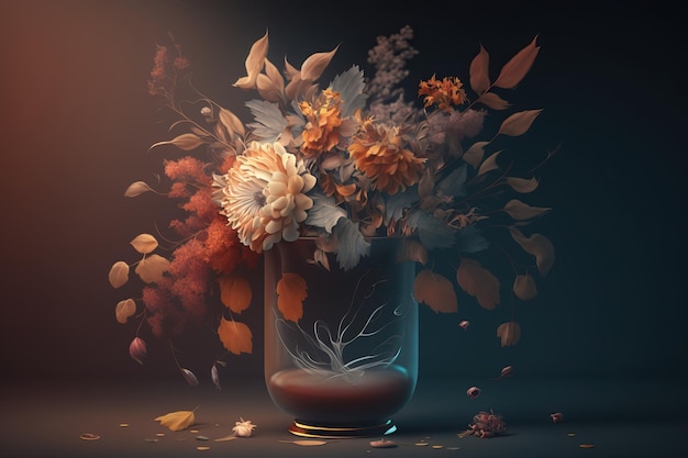 Um vaso de flores com folhas e flores no fundo.