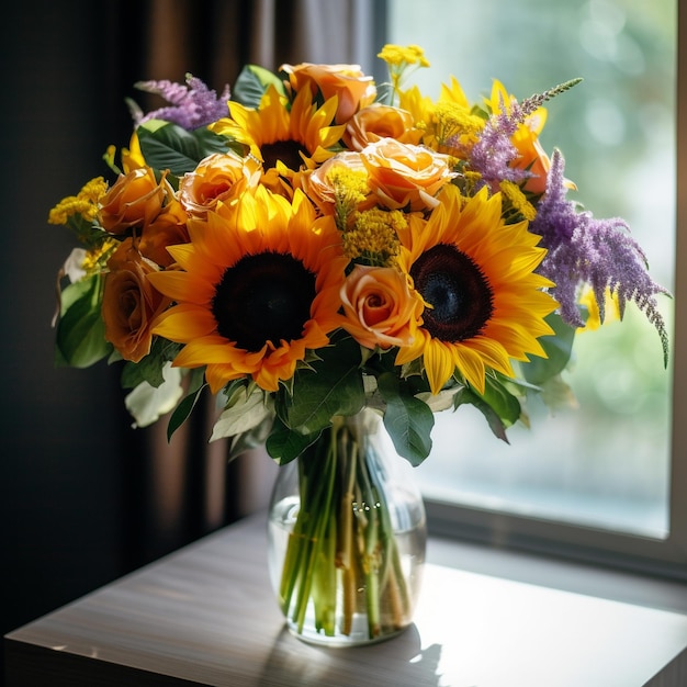 Um vaso de flores com girassóis numa mesa.