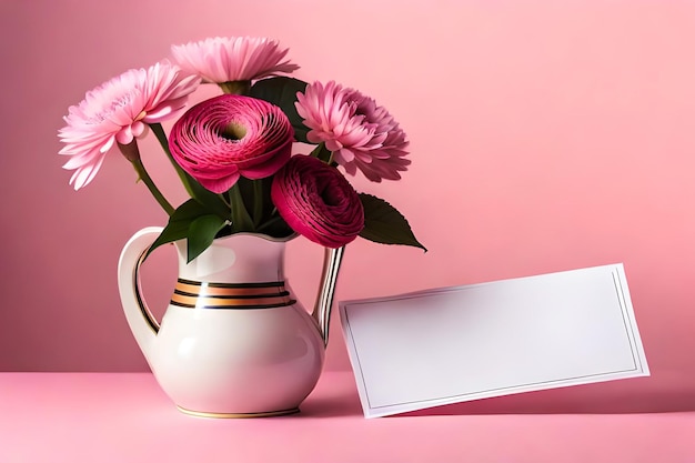 Um vaso de flores com um cartão ao lado