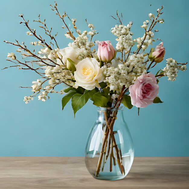 Foto um vaso de flores com um fundo azul atrás dele