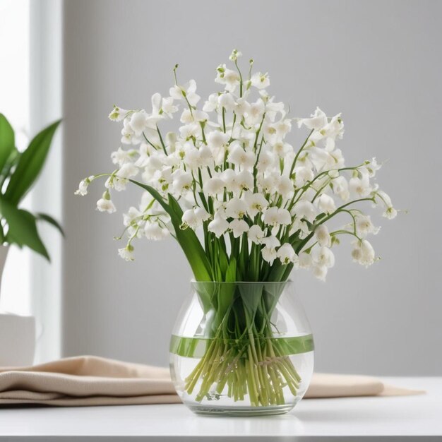 Foto um vaso de flores com um fundo branco e uma janela atrás dele