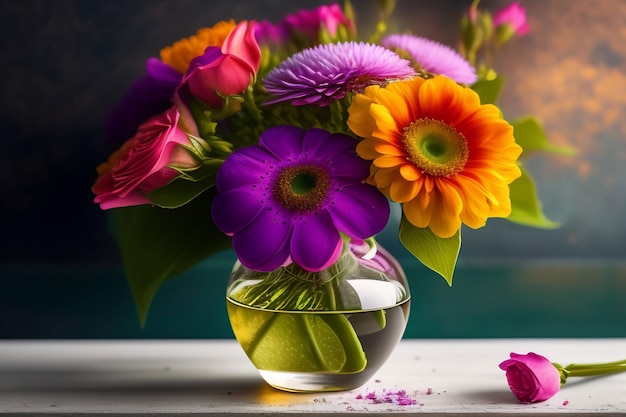 Um vaso de flores com uma flor rosa em cima da mesa