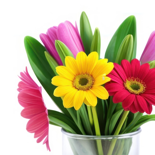 Um vaso de flores com uma flor vermelha e amarela no meio.