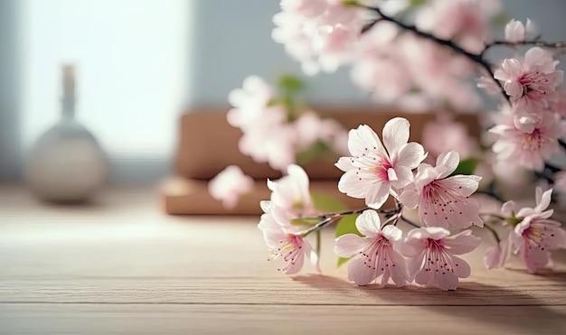 Um vaso de flores de cerejeira em uma mesa