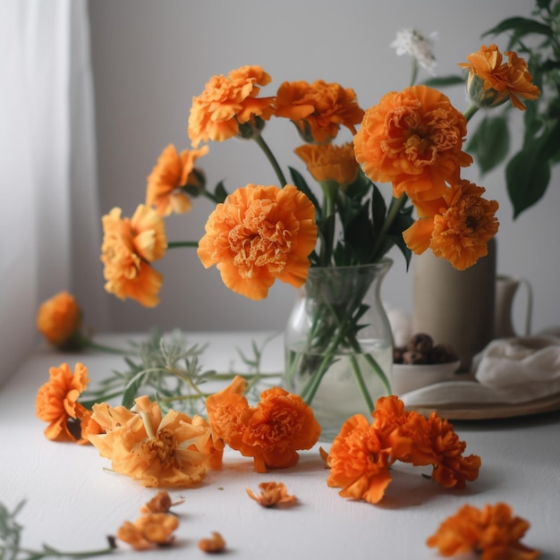 Um vaso de flores de laranjeira está sobre uma mesa com um vaso de flores