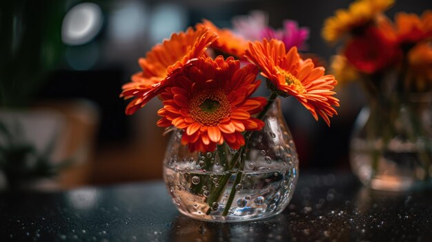 Um vaso de flores de laranjeira fica em um balcão com um fundo desfocado.