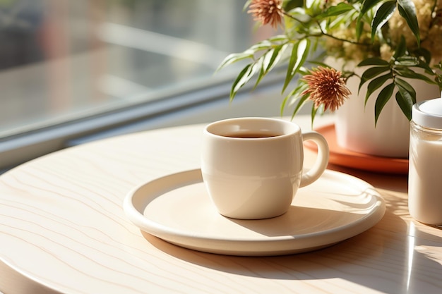 um vaso de flores é colocado na mesa fotografia profissional