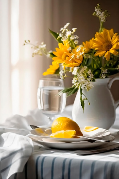 Um vaso de flores e um limão sobre uma mesa com um copo de água.