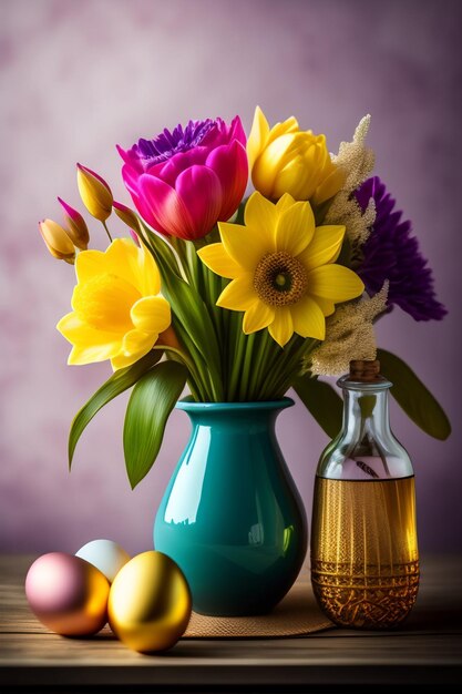 Um vaso de flores e uma garrafa de ovos de páscoa estão sobre a mesa.