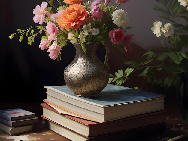 um vaso de flores em uma pilha de livros sobre uma mesa