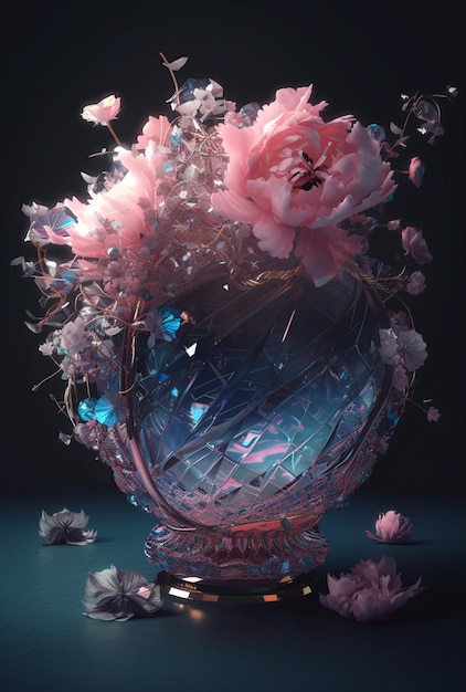 Um vaso de flores está cheio de flores cor de rosa.