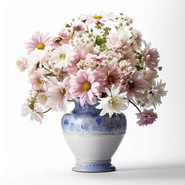 Um vaso de flores está cheio de flores rosa e brancas.