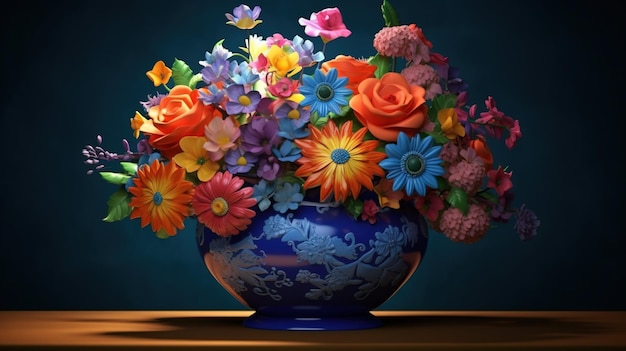 Um vaso de flores está sobre uma mesa com fundo azul.