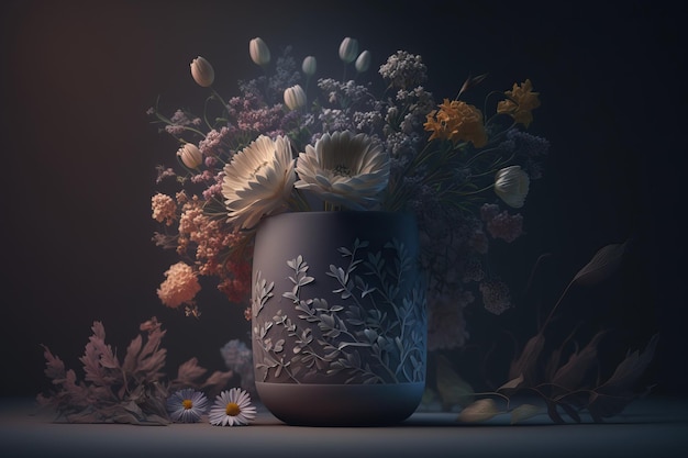 Um vaso de flores está sobre uma mesa com fundo escuro.