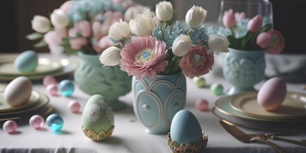 Um vaso de flores está sobre uma mesa com outras decorações de Páscoa.