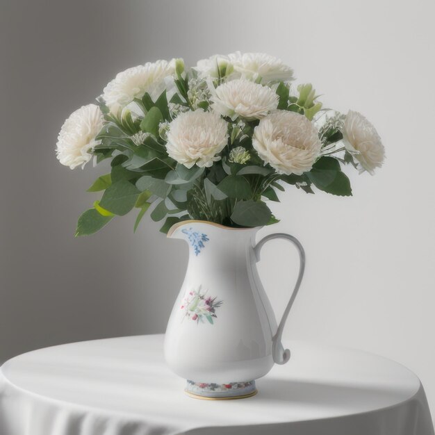 Um vaso de flores está sobre uma mesa com um desenho floral.