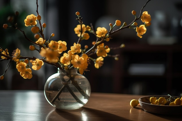 Um vaso de flores está sobre uma mesa com uma tigela de comprimidos.