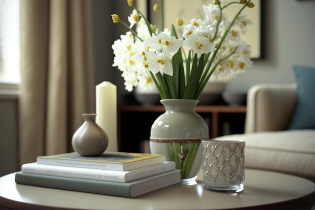 Um vaso de flores está sobre uma mesa de centro com um livro sobre ele.