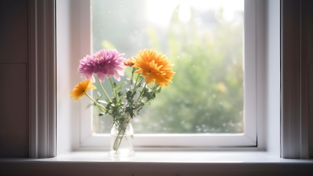 Um vaso de flores fica no parapeito de uma janela.