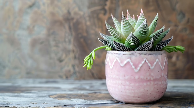 Foto um vaso de flores rosa com uma planta verde nele