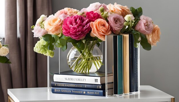 um vaso de flores senta-se numa mesa com livros