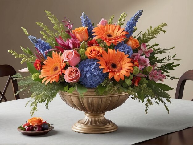 um vaso de flores sobre uma mesa com um prato de frutas e um prato de frutas