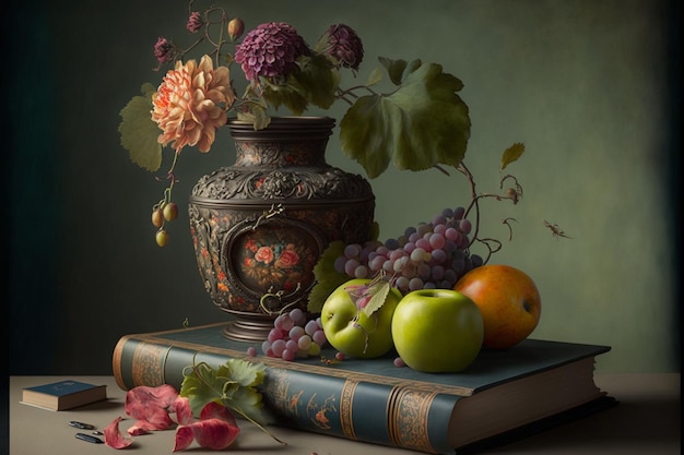 Um vaso de frutas está sobre um livro com uma flor.