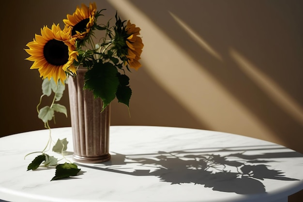 Um vaso de girassóis está sobre uma mesa com uma superfície branca.