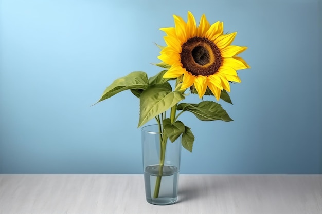 Um vaso de girassóis sobre uma mesa com fundo azul