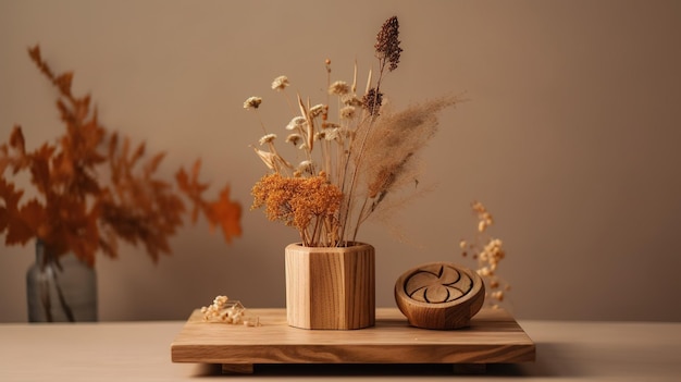 Um vaso de madeira com flores secas e uma tigela de madeira com a palavra om.