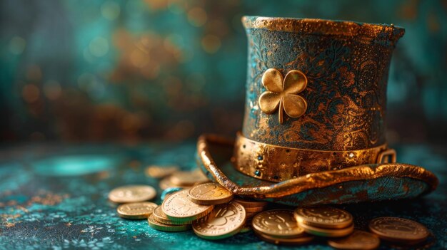 um vaso de ouro e prata com uma flor em cima dele senta-se em uma mesa azul