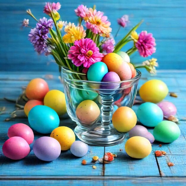 um vaso de ovos de páscoa coloridos com flores nele