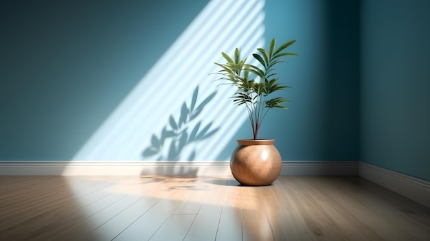 Um vaso de plantas fica em uma sala azul com uma parede azul clara e o sol brilha através das persianas.