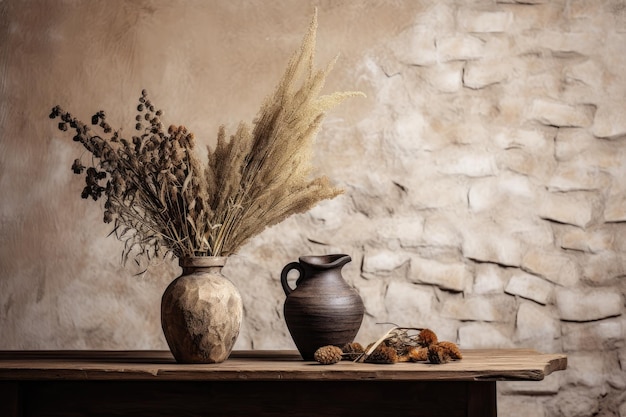 Um vaso de plantas secas exposto sobre uma mesa de madeira que funciona como uma vitrine de produtos contra o pano de fundo de uma parede de pedra