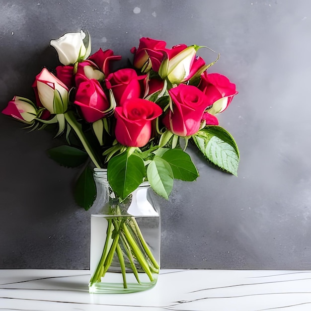 Um vaso de rosas com caules e folhas verdes está sobre uma mesa.