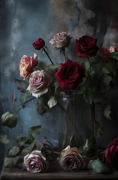 Um vaso de rosas está sobre um pano azul com a palavra rosas nele