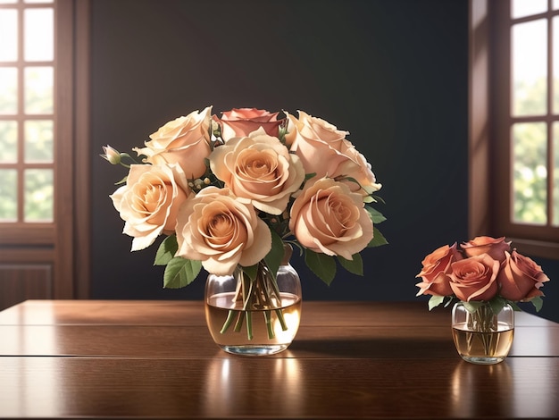 Um vaso de rosas está sobre uma mesa com um vaso de flores.