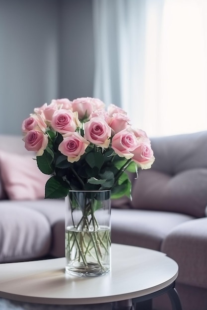 Um vaso de rosas rosa na mesa.
