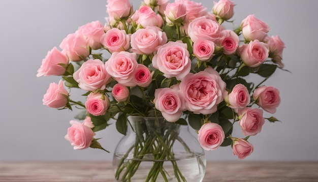 Foto um vaso de rosas rosas com caules verdes e flores rosas
