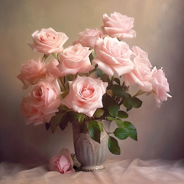 Um vaso de rosas rosas com folhas verdes e flores rosas.